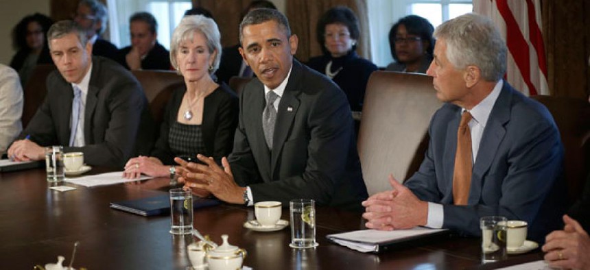 Obama spoke to the news media before a meeting of his Cabinet Monday.