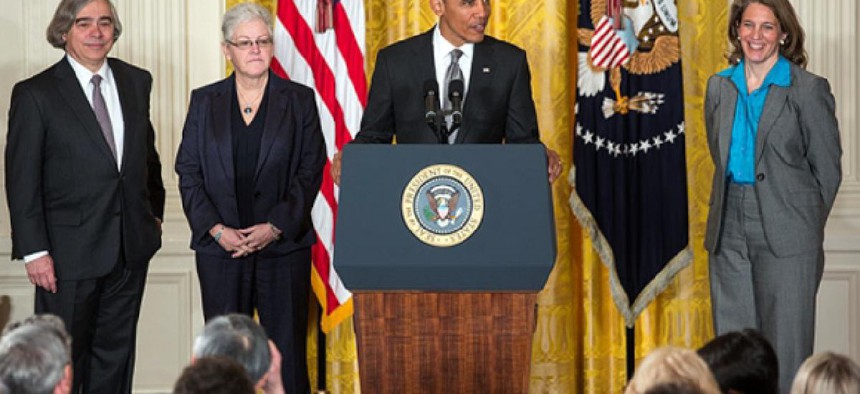 Obama introduced nominess, from left, Ernest Moniz, Gina McCarthy and Sylvia Mathews Burwell Monday.