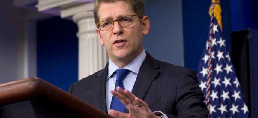 White House press secretary Jay Carney talks to reporters during regular press briefings at the White House.
