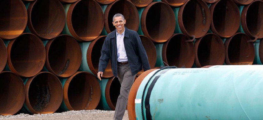 President Barack Obama arrives at the TransCanada Stillwater Pipe Yard in Cushing, Okla. 