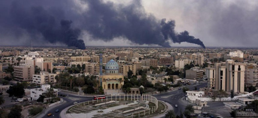 The first weeks of the Iraq War included bombing of Baghdad targets in March, 2003.