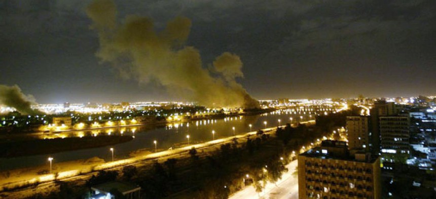 Smoke rises from the Trade Ministry on March 20, 2003.
