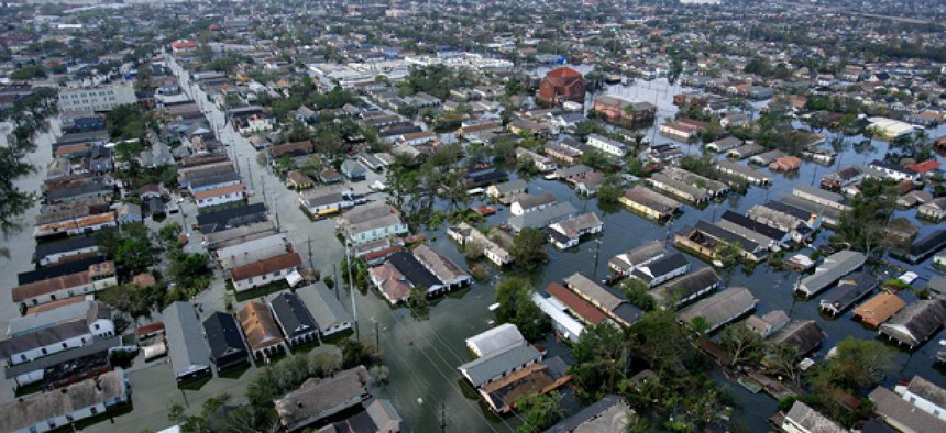 This aerial photo from 2005 shows the devastation caused by the high winds and heavy flooding in the greater New Orleans area following Hurricane Katrina.