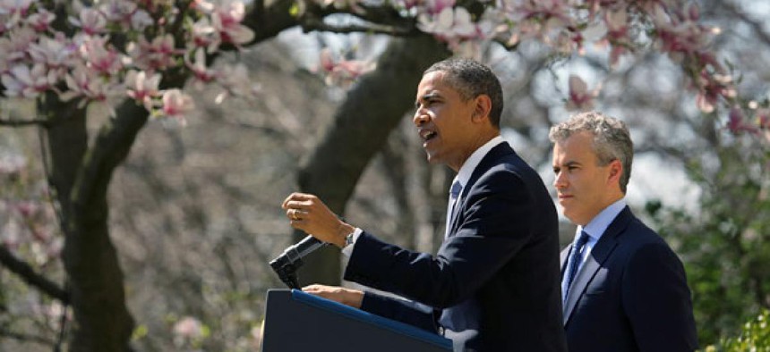 President Barack Obama, accompanied acting Budget Director Jeffrey Zients speaks in the Rose Garden at the White House. 