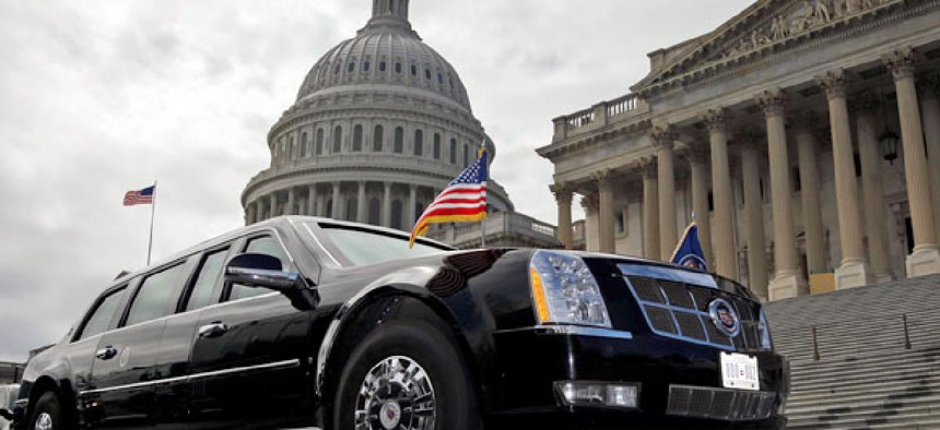 One of President Barack Obama's motorcade vehicles is seen parked in front of the US Capitol Building.