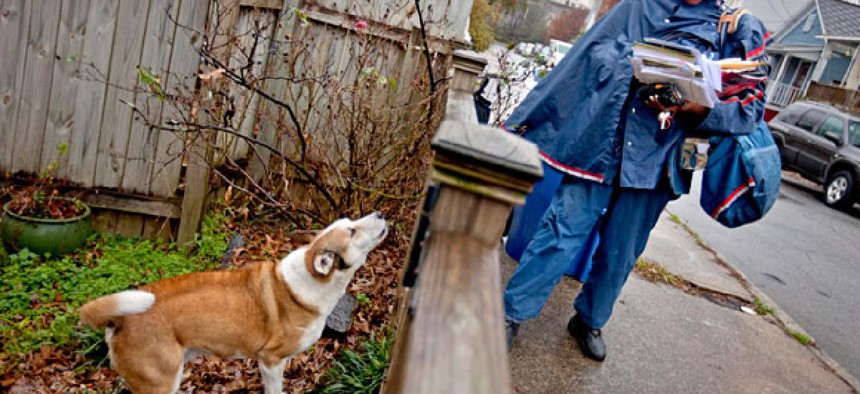 U.S. Postal Service letter carrier of 12 years, Jamesa Euler, encounters a barking a dog while delivering mail in Atlanta.