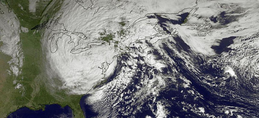 NOAA satellite image taken Tuesday, Oct. 30, 2012, shows superstorm Sandy slowly moving westward.