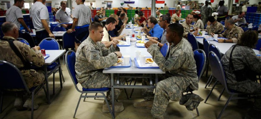 Service members eat lunch inside the chow hall at Kandahar Airfield, Afghanistan.