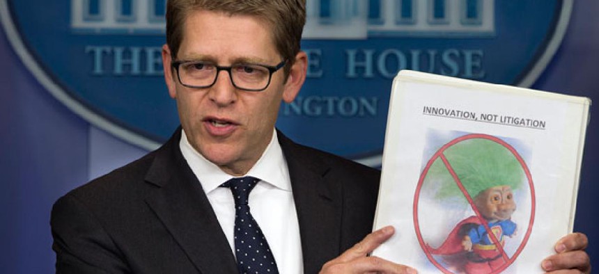 Jay Carney said Tuesday that the Obama administration is taking action to limit frivolous patent lawsuits, or "patent trolling." 