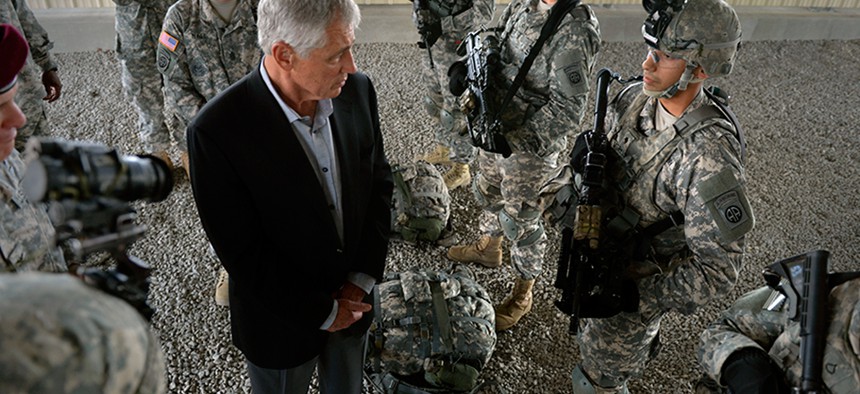 Defense Secretary Chuck Hagel talks to troops at Fort Bragg, N.C.