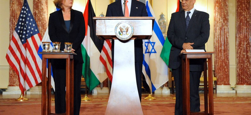 John Kerry, Israeli Justice Minister Tzipi Livni, and Palestinian Chief Negotiator Saeb Erekat address reporters July 30.