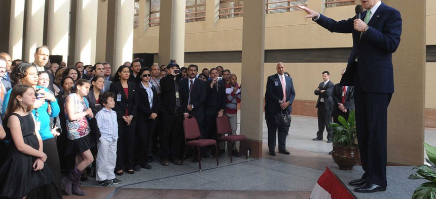 Secretary of State John Kerry spoke to U.S. Embassy in Cairo staff and their families in March.