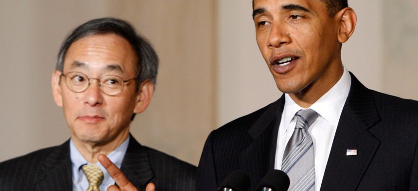 President Barack Obama, accompanied by Energy Secretary Steven Chu