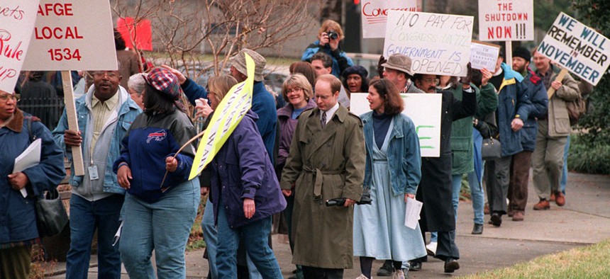 Furloughed federal workers held demonstrations in 1995 when the government was shut down.