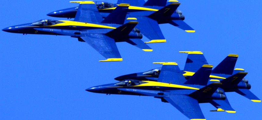 The Blue Angels fly over the San Francisco Bay during Fleet Week.