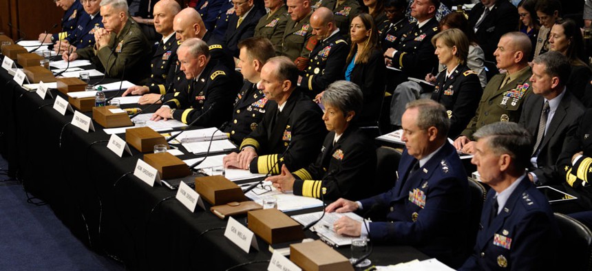 Military brass convene before the Senate Armed Services Committee to testify for a hearing on pending legislation regarding sexual assaults in the military.