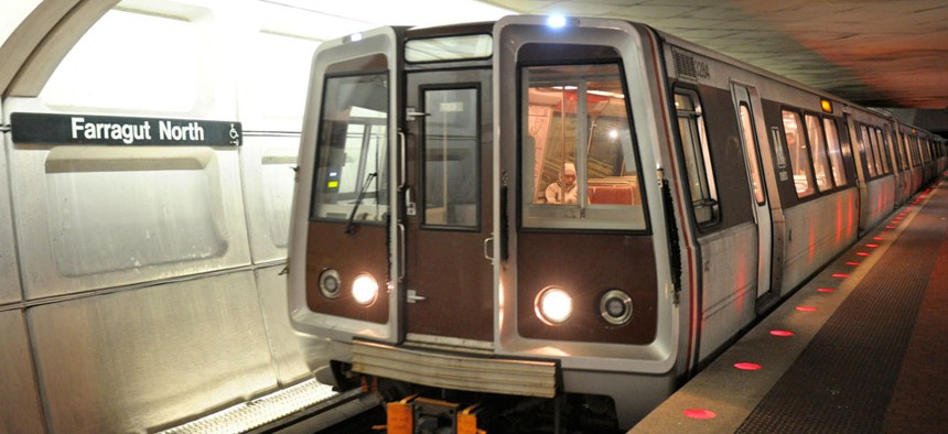 A Metro car leaves the Farragut North station in 2010.
