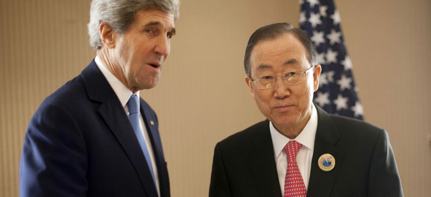 U.S. Secretary of State John Kerry, left, and UN Secretary General Ban Ki-Moon