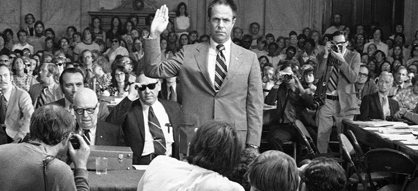 H.R. Haldeman, former chief of staff to President Nixon, is sworn in before the Senate Watergate Committee in 1973. 