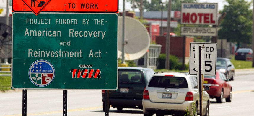 A sign indicating Recovery Act work was put up in Waukegan, Ill. in 2009.