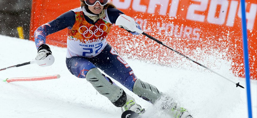 United States' Julia Mancuso finishes the slalom portion of the women's supercombined to win the bronze medal at the Sochi 2014 Winter Olympics.