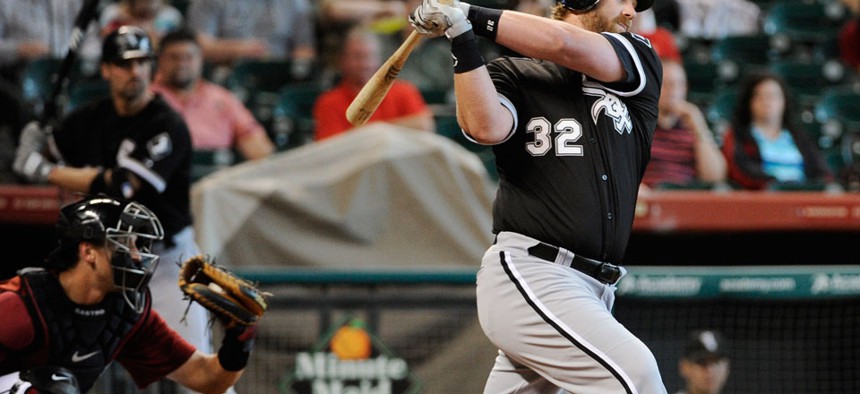 Seen here striking out in 2012, Adam Dunn of the Chicago White Sox ranks first in career strikeouts and third in home runs among active players.