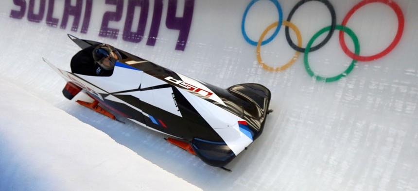 Steven Holcomb, a member of the Army's World Class Athlete Program, pilots one of the United States' bobsleds during an event in Sochi.
