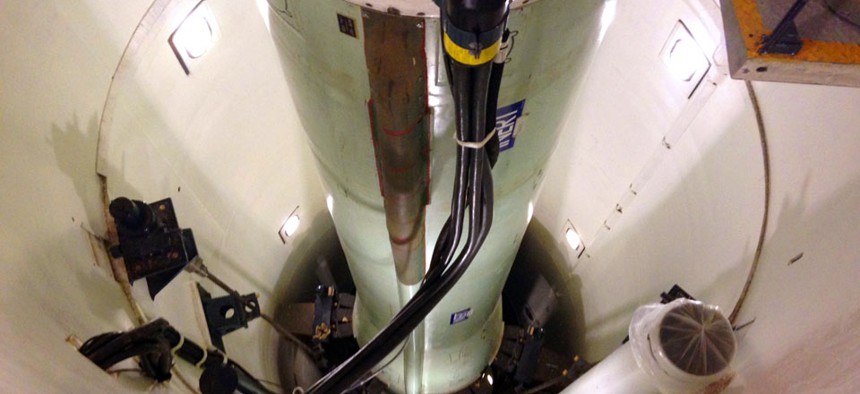 A mockup of a Minuteman 3 nuclear missile used for training by missile maintenance crews at F. E. Warren Air Force Base, Wyo. 
