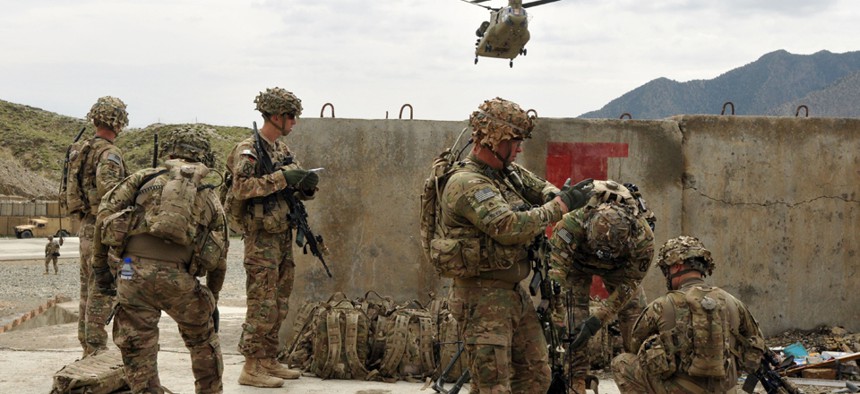 Soldiers  set up their command post May 4, during their mission to provide security for a joint Afghan and U.S. Forces security meeting in the Paktia Province in Afghanistan.