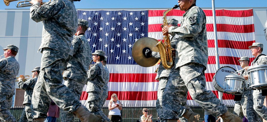 The Arizona Army National Guard 108th band plays during a Veteran's Day parade in 2013, in downtown Phoenix. 