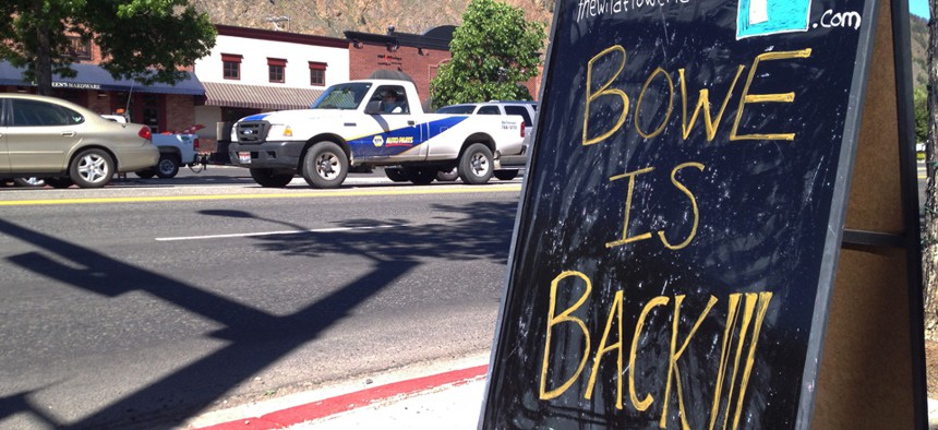 A sign celebrating the release from captivity of Sgt. Bowe Bergdahl stands on a street in the soldier's hometown of Hailey, Idaho.