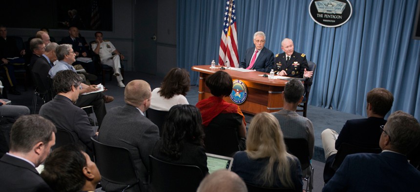 Hagel and Dempsey spoke to the media Thursday.