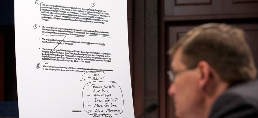 An unclassified talking points document is shown as former CIA Deputy Director Michael Morell testifies on Capitol Hill in April