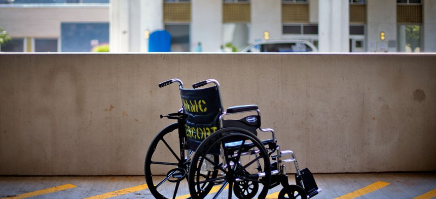a wheelchair sits outside the Atlanta VA Medical Center in Atlanta. 