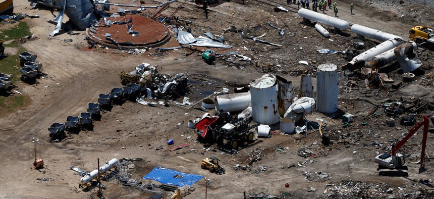 The damage from the fertilizer plant explosion in West, Texas is seen from helicopters.