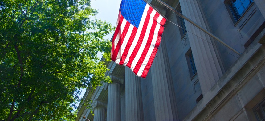 A flag hands on the Department of Justice headquarters in Washington.