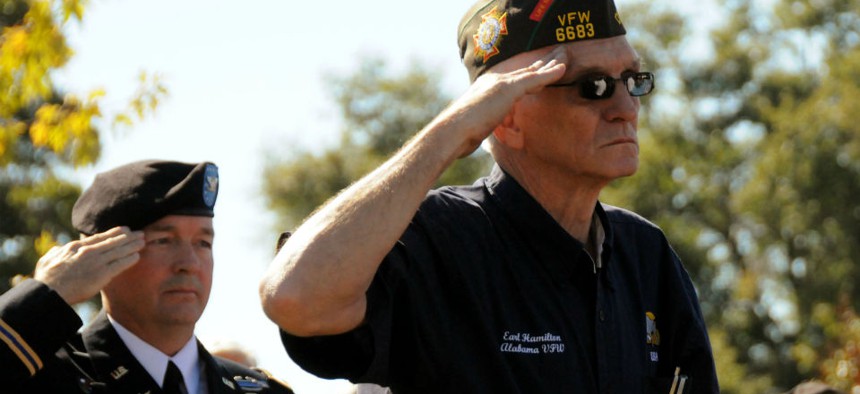 Veterans salute the colors during a Veterans Day ceremony. 