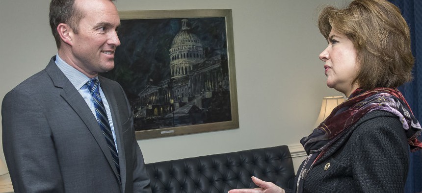 Maria Contreras-Sweet, head of the Small Business Administration, meets with Undersecretary of the Air Force Eric Fanning at the Pentagon in April.