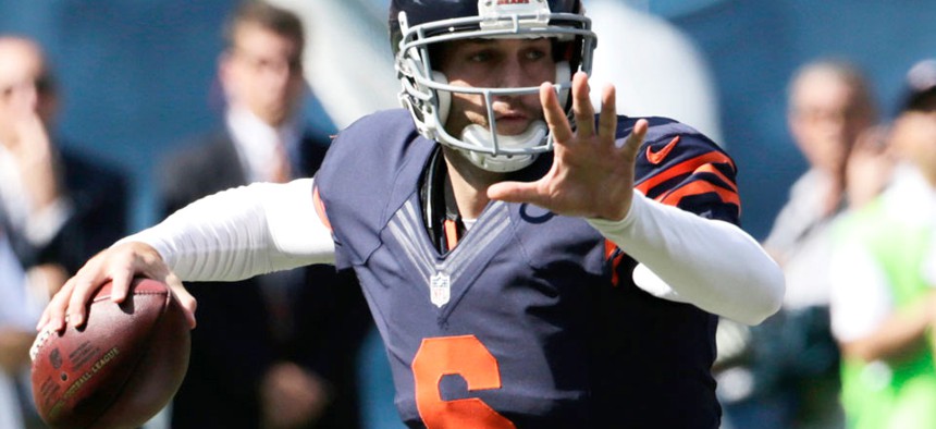 Chicago Bear quarterback Jay Cutler throws a pass during the team's game Sunday against the Green Bay Packers.