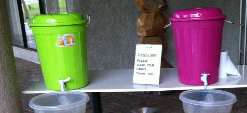 A hand-washing station at the airport in Sierra Leone. 