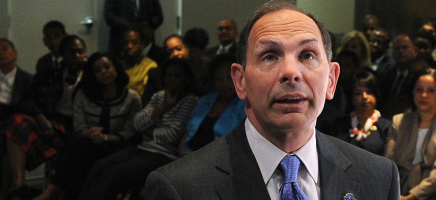 VA chief Bob McDonald holds a town hall meeting in Washington. McDonald has promised to hold executives accountable for misconduct. 