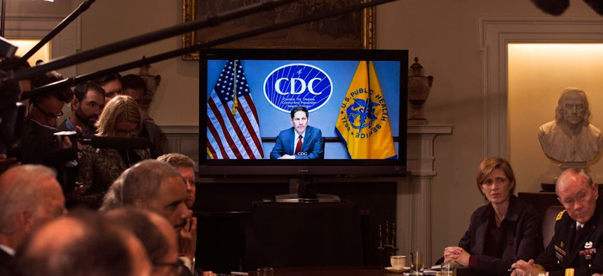 Thomas Frieden attends a meeting with the president and other officials via teleconference Oct. 15.