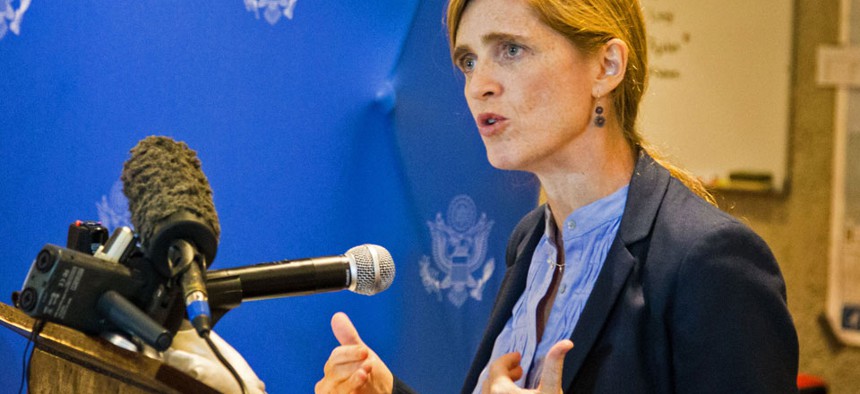 American ambassador to the United Nations Samantha Power speaks to media in the city of Freetown , Sierra Leone, Monday,.
