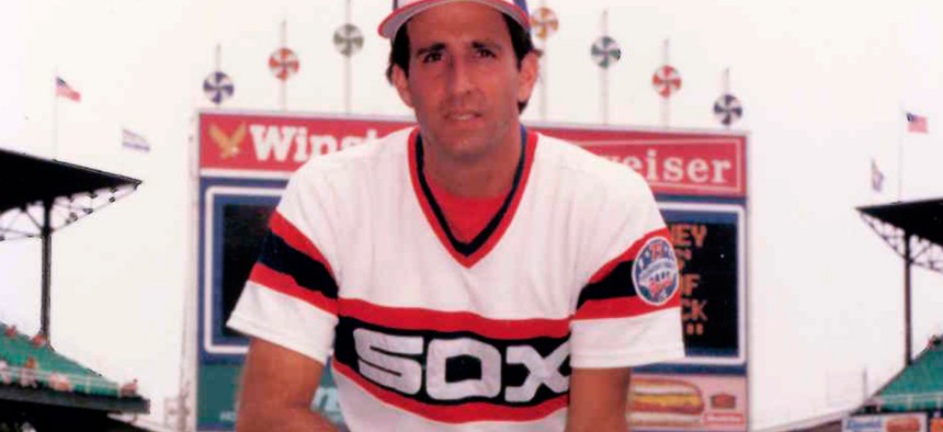 Though he only appeared in seven games in 1985, the Chicago White Sox asked Mark Gilbert to pose for a photo at Comiskey Park.