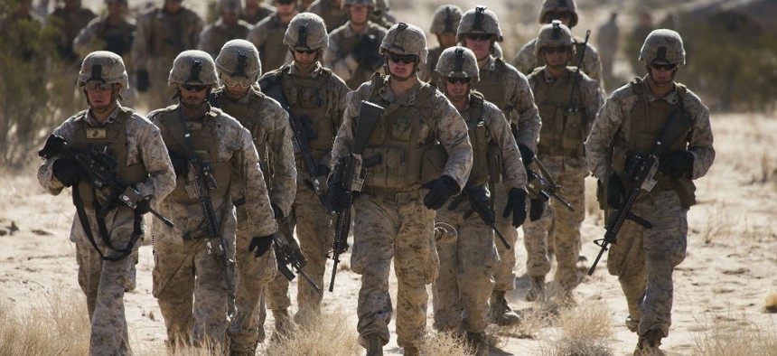 U.S. Marines with 3rd Battalion, 3rd Marine Regiment, 3rd Marine Division, 3rd Marine Expeditionary Force train in Yuma, Ariz., in September.