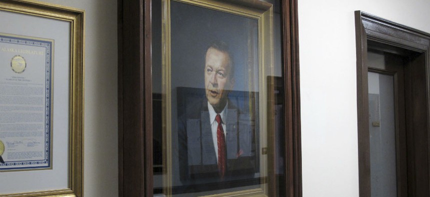 A portrait of the late-U.S. Sen. Ted Stevens hangs in the Alaska state Capitol. 