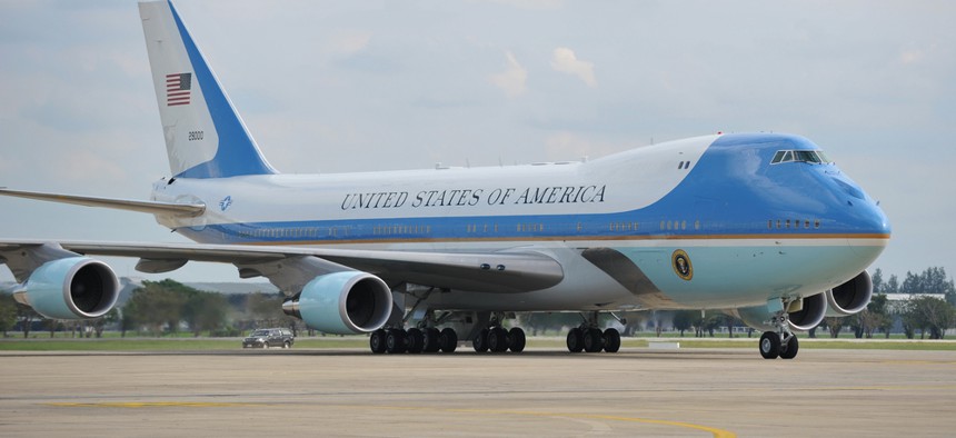 Air Force One taxis on the runway at Don Muang International Airport in 2012.