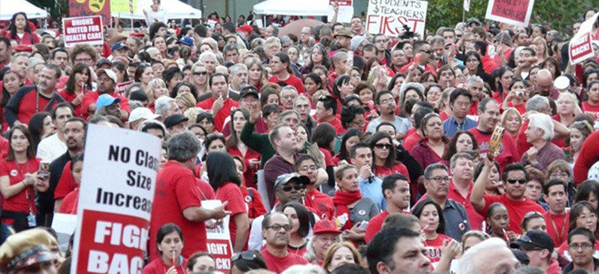 Protestors rally in San Francisco in support of the California Teachers Association in 2011.