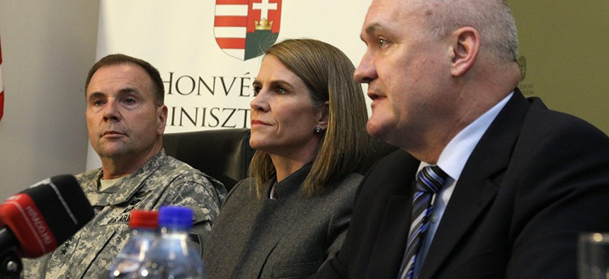 U.S. Army Europe's commander Lt. Gen. Frederick Hodges, United States Ambassador to Hungary Colleen Bell and Hungarian Defense Minister Csaba Hende as they give a press conference in Hungary in February.