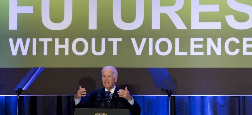 "Remember, you doctors, you nurses, you health care providers," that "years ago, an insurance company could deny health coverage for a woman victim of violence because it was a preexisting condition," Biden said.